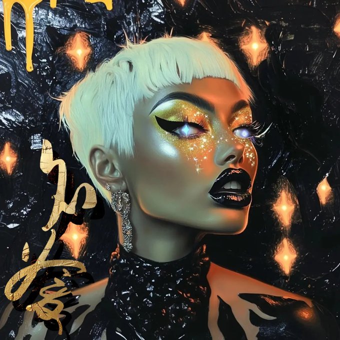 Digital artwork of a glamorous figure with a short platinum blonde pixie cut, glowing golden glitter eyeshadow, black glossy lips, and a sparkling chandelier earring against a dark background with golden lights.