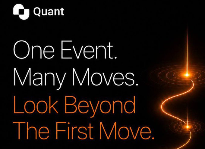 A black advertisement for "Quant" displaying the text "One Event. Many Moves. Look Beyond The First Move." alongside a glowing orange light trail graphic.