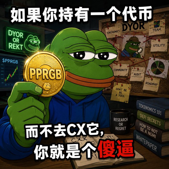 A Pepe the Frog meme holding a gold 'PPRGB' coin, with Chinese text reading '如果你持有一个代币 而不去CX它, 你就是个傻逼', alongside DYOR-themed props like a 'TOKENOMICS' corkboard and books titled 'TOKENOMICS 101' and 'DEFI SECRETS'.