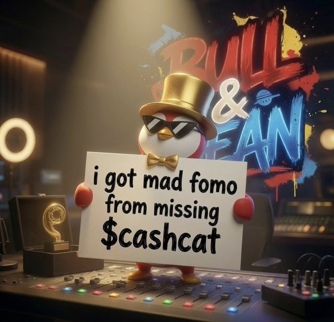 A cartoon penguin character wearing sunglasses and a gold top hat holds a sign reading "i got mad fomo from missing $cashcat" in front of a graffiti-style "BULL & FAN" backdrop and a mixing board with a golden question mark trophy—visually expressing the user's FOMO about missing the $CASHCAT meme coin and pleading with Robinhood to list it.