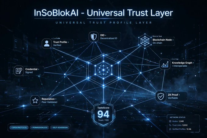 The image displays a futuristic dashboard titled "InSoBlokAI - Universal Trust Layer," featuring interconnected components like DID (Decentralized ID), Blockchain Node (On-chain), Knowledge Graph (Interoperable), ZK Proof (verifiable), Credential (Signed), Reputation (Peer Validated), and Trust Profile (Verified) surrounding a central glowing cube, with a prominent "TasteScore 94/100" displayed at the bottom alongside network status metrics showing 1,269 nodes and 5,932 trust links.

This visual reinforces the post's claim of InSoBlok as the "Universal Trust Layer," illustrating how decentralized identifiers, blockchain verification, and zero-knowledge proofs combine to generate a quantifiable AI TasteScore that makes knowledge a verifiable, reputation-based digital asset.
