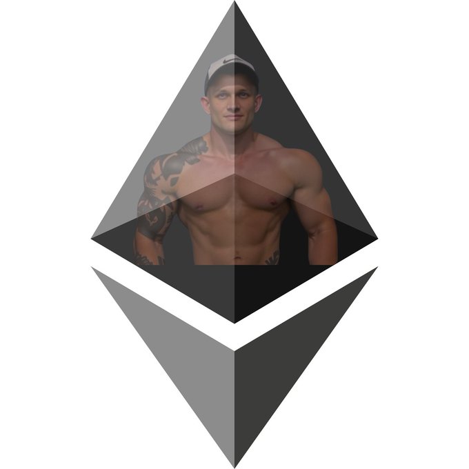 A shirtless muscular man with tattoos wearing a white Nike cap, displayed inside a gray Ethereum diamond-shaped logo.