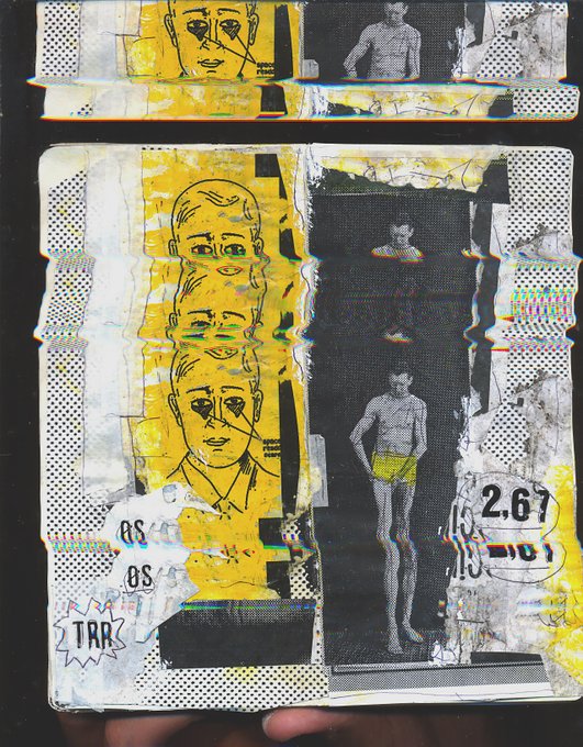 An art journal or collage page featuring pop-art style portraits, black and white photographs of a person in shorts, and the numbers '2.67' and '05', with the brand 'TAR' visible.