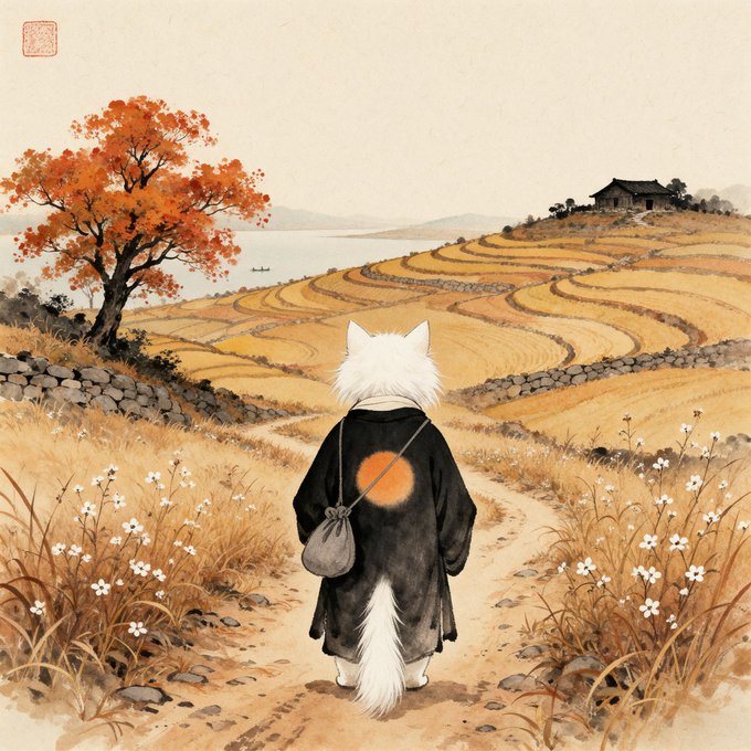 An Asian-style ink and watercolor painting depicting a white fox-like figure in a black kimono walking down a path through autumn rice terraces with a red maple tree.