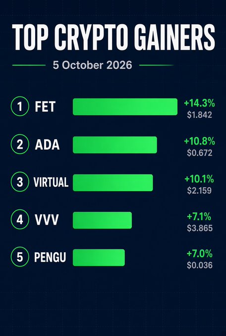 A graphic titled "Top Crypto Gainers" dated 5 October 2026 ranks five cryptocurrencies by performance, with green bars showing FET leading at +14.3% ($1.842), followed by ADA +10.8% ($0.672), VIRTUAL +10.1% ($2.159), VVV +7.1% ($3.865), and PENGU +7.0% ($0.036)—though the price values shown in the image differ significantly from those listed in the accompanying post.