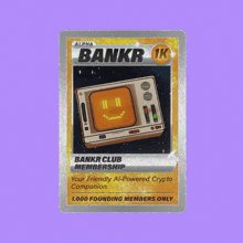 The image features a silver card with an orange smiley face, which appears to be a trading card for Bankr Club. The card has text that reads "Bankr Club NFTs" and "Your friendly Alpowered crypto companion". It also mentions that the card is from the "Bankr Club" and that it is available for purchase. The post inquires about whether the card's owner is aligned with the ecosystem, specifically asking if they are a member of the "Bankr Club" or if their agent is in the top 125 of the club.