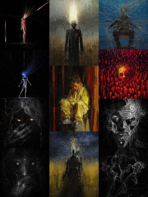 A grid of nine dark, expressionistic paintings featuring shadowy human figures, faces, and creatures rendered in muted tones with accents of red and yellow.