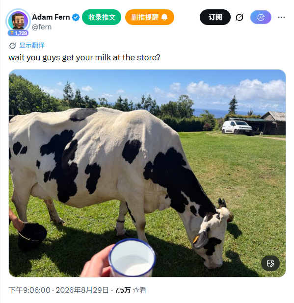 A tweet from Adam Fern (@fern) shows a Holstein cow grazing on a grassy farm while someone holds out a white enamel cup, with the caption "wait you guys get your milk at the store?"—humorously suggesting farm-fresh milk in relation to the $MOO ticker mentioned in the accompanying context.