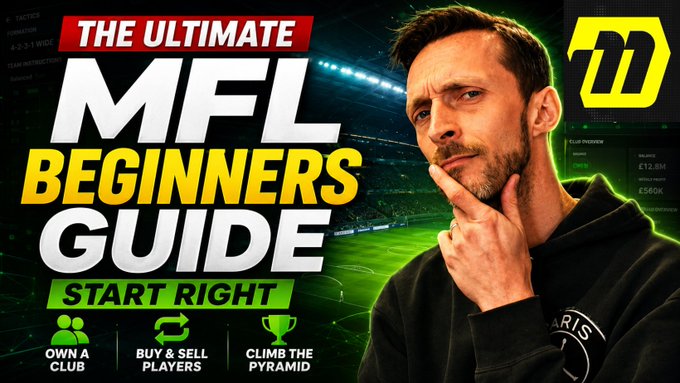 A thumbnail for "The Ultimate MFL Beginners Guide" featuring a thoughtful man in a black hoodie, highlighting key points: "Own A Club," "Buy & Sell Players," and "Climb the Pyramid," tied to a giveaway offering 2000 $MFL to 3 winners via @playMFL.
