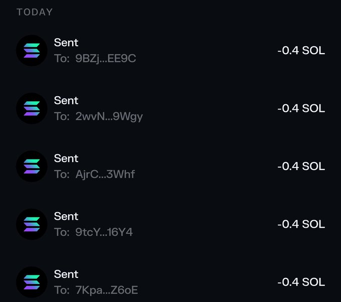 The image shows a transaction history on a Solana wallet with five "Sent" transactions of -0.4 SOL each to various wallet addresses (9BZj...EE9C, 2wvN...9Wgy, AjrC...3Whf, 9tcY...16Y4, 7Kpa...Z6oE). This appears to be documentation of 0.4 SOL airdrops sent to participants of a giveaway contest, likely in response to the request to "drop your solana wallet."