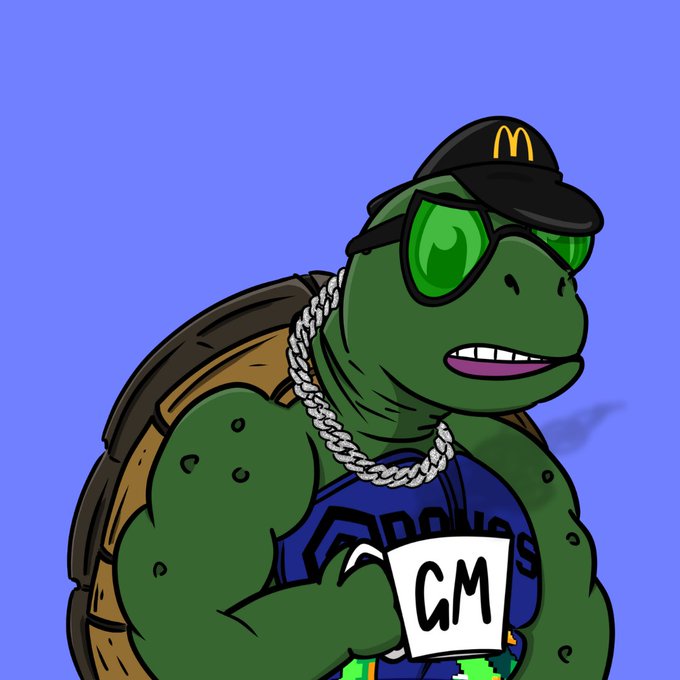 A cartoon illustration of a muscular turtle wearing a black McDonald's cap, green sunglasses, a silver chain necklace, a blue Adidas shirt, and holding a 'GM' sign.