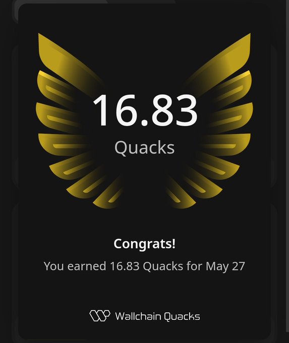 In this image, there is a black background featuring an upward-pointing yellow logo with a bird's wings design that says "16.83 Quacks" at the top. Below the logo, there is a congratulatory message stating that 16.83 Quacks have been added to their balance successfully and the future belongs to those who stay consistent when nothing is guaranteed. This post is by Wallchain Quacks and shares information about the benefits of investing in it.