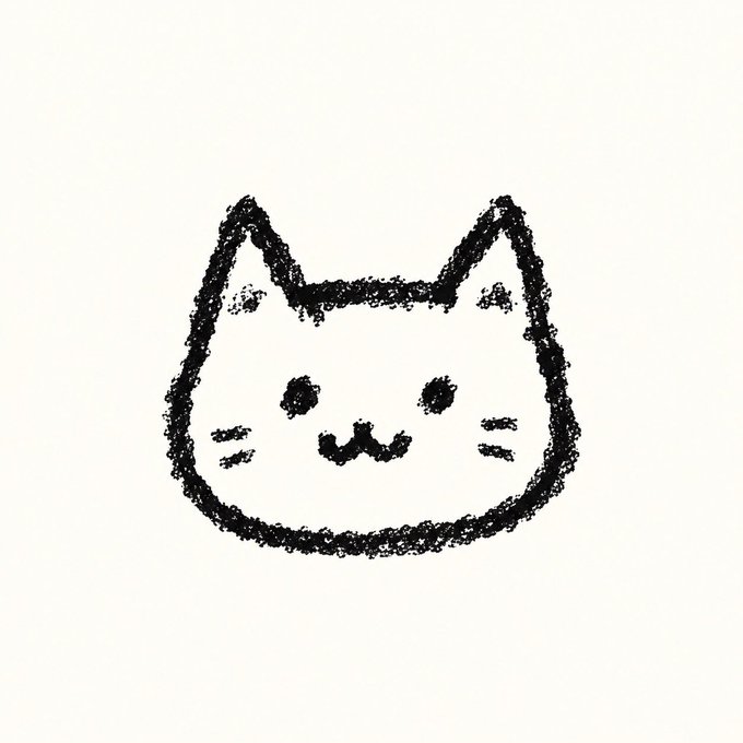 A simple black-and-white sketched illustration of a smiling cat face with whiskers and pointed ears.