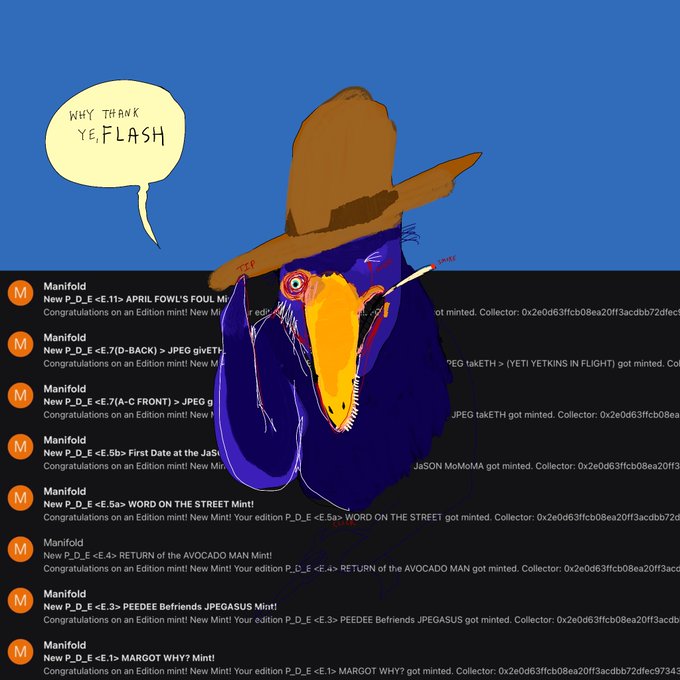 An illustration of a blue, long-necked creature wearing a cowboy hat speaks in a speech bubble saying 'WHY THANK YE, FLASH', overlaid on a list of Manifold crypto mints.