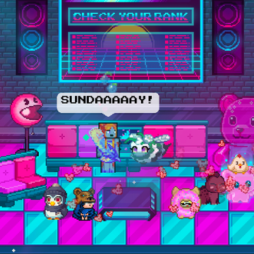 A pixel art scene depicting a pink retro dance club with disco balls, a "CHECK YOUR RANK" leaderboard, and various animal characters including a dog saying "SUNDAAAAAY!", a bear, a hedgehog, and a chicken.