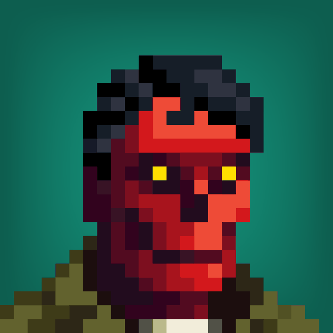 A pixel art portrait of a red-skinned character with glowing yellow eyes, dark hair, and greenish clothing against a teal background.