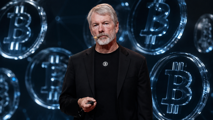 MicroStrategy founder Michael Saylor stands on stage wearing a black blazer over a t-shirt with the company logo, with large Bitcoin symbols displayed on the screen behind him.