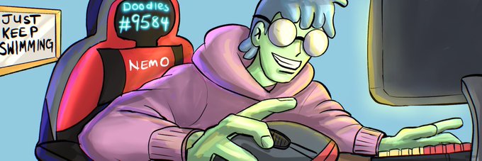 A cartoon illustration of a green-skinned character with glasses wearing a pink hoodie, gaming in a red chair labeled "NEMO" with a monitor showing "Doodles #9584" and a poster reading "JUST KEEP SWIMMING."