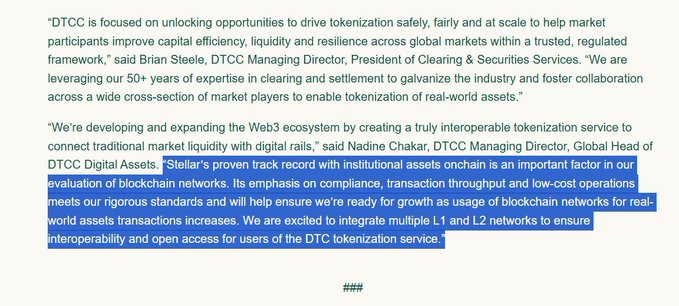 The image displays a screenshot of a webpage that states "DTCC State Reason for choosing $XLM is it's proven track record". It further elaborates this point by mentioning why they chose to work with @StellarOrg, which is a digital assets provider known for their compliance tracking capabilities. The focus on the picture and text in relation to the post suggests that the content of the image serves as context or background information about the chosen project partner.