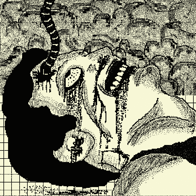 High-contrast black and white pixelated/dithered illustration of a hooded figure with sword, featuring dripping textures.