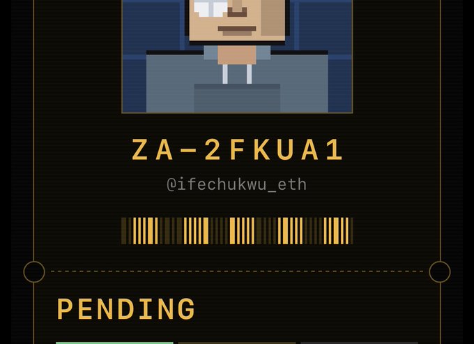 A pixel-art digital card displays the wallet address 'ZA-2FKUA1' with the username '@ifechukwu_eth', a barcode, and a 'PENDING' status indicator.
