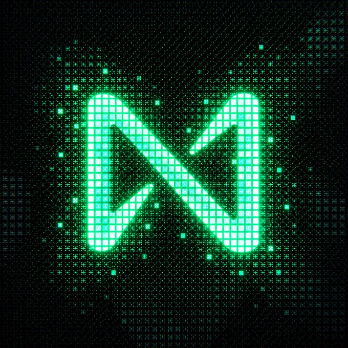 A digital pixel-art style letter 'N' glows in bright green against a dark background composed of small symbols and pixelated patterns.