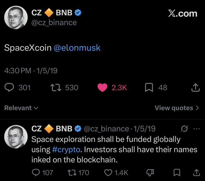 An X.com post by CZ (Changpeng Zhao, @cz_binance) addressing SpaceXcoin and Elon Musk, followed by his reply stating 'Space exploration shall be funded globally using #crypto. Investors shall have their names inked on the blockchain.'