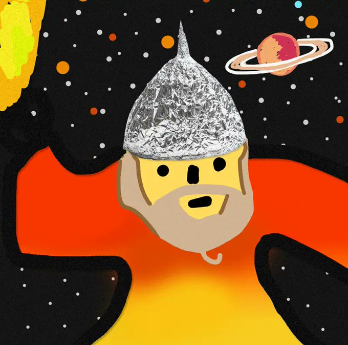An artistic illustration shows a figure wearing a tinfoil hat against a cosmic background with planets, stars, and a red-orange nebula.