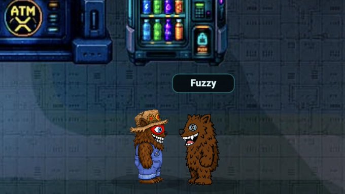 A pixel art scene showing two brown furry characters, one wearing a straw hat and blue shirt, with a speech bubble reading 'Fuzzy', in front of an ATM and vending machine.