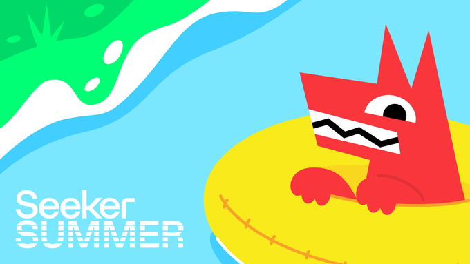 A vibrant Seeker Summer graphic featuring a red cartoon cat relaxing on a yellow inflatable ring in blue water, with the text 'Seeker SUMMER' in the bottom left.