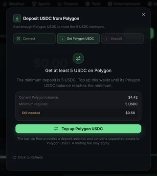 A mobile app interface displays a "Deposit USDC from Polygon" screen showing a $0.00 balance with $4.42 current Polygon balance and a $5 USDC minimum required, featuring a green "Top up Polygon USDC" button.