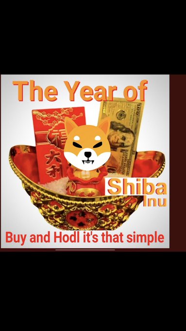 The image features a poster with an illustration of a Shiba Inu dog wearing a red hat, surrounded by various objects such as money, coins, and a bowl filled with money. The text on the poster reads "THE YEAR OF SHIBA INU", which is related to the year of Shiba Inu's birth. The poster also includes a quote about buying and hedling Bitcoin, suggesting that it might be promoting Bitcoin or cryptocurrency-related products.