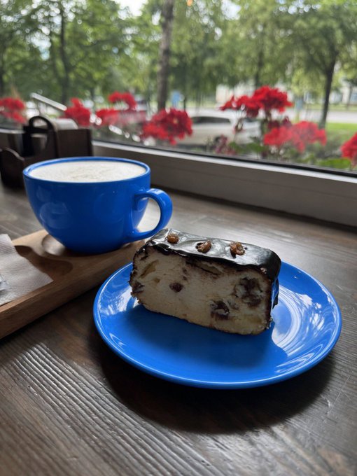 The image features a blue plate with a slice of cake on top of it, placed next to a cup of coffee or tea. The background includes a window overlooking trees outside, suggesting that this scene takes place indoors. The caption "Gm, let Friday be a funday" implies the importance of enjoying life's simple pleasures and taking time for oneself during the weekend.