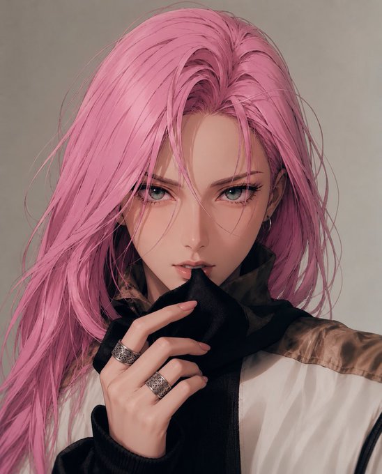 A digital portrait of a young woman with long pink hair and purple eyes, wearing a dark jacket and rings, holding her hand near her face against a neutral background.
