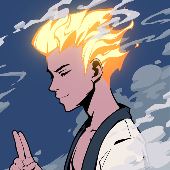 An anime-style illustration of a character with flaming yellow hair in profile view, set against a cloudy sky background.