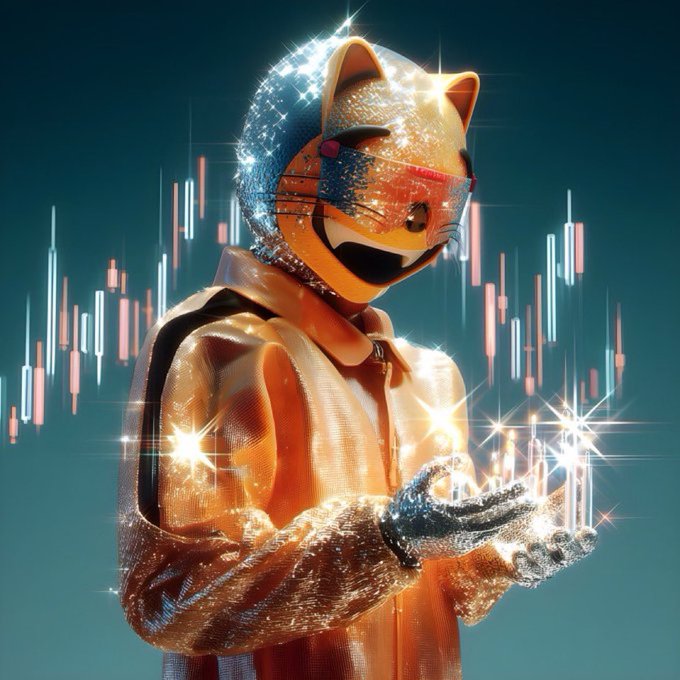 A glittery orange cat character in a hooded jacket and futuristic sunglasses holding a glowing cube, with a candlestick trading chart in the background.