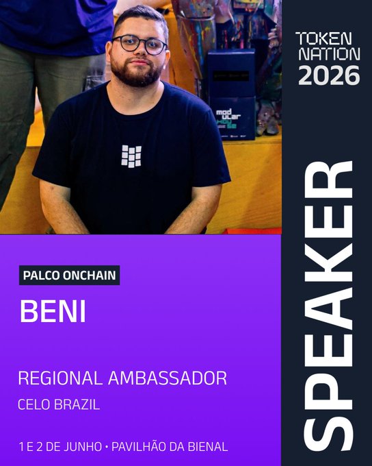 The image features a man wearing glasses sitting down with his hands crossed. The background of the image shows a poster for an event called "TokenNation! Regional Ambassador Celo Brazil" that takes place at a venue named "Pavilho da Bienal". The poster also includes information about the speaker, Beni, and the event's location in Rio de Janeiro.