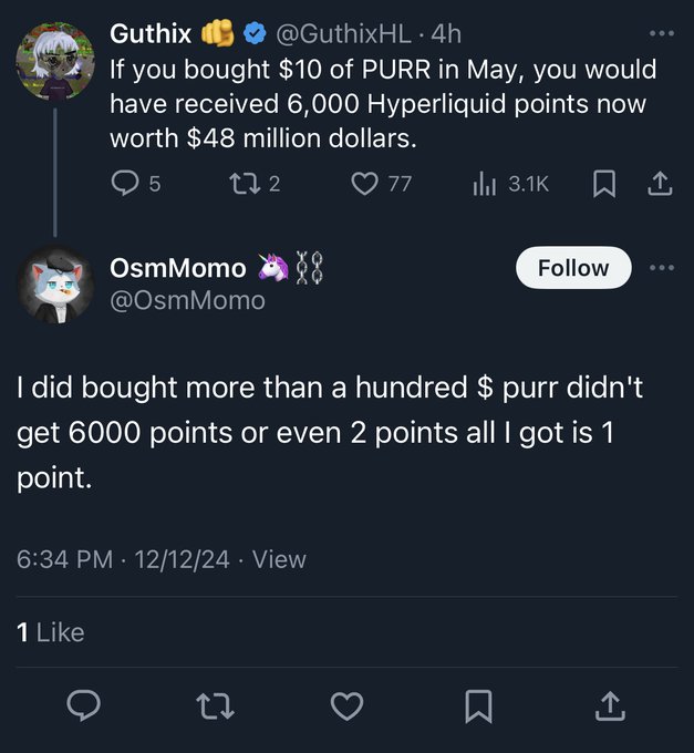 The image shows a Twitter thread where @GuthixHL claims buying $10 of PURR in May would now be worth "$48 million" in Hyperliquid points, but @OsmMomo disputes this, stating they bought over $100 of PURR and received only 1 point—not the 6,000 Guthix suggested. This relates to the accompanying post by highlighting the disparity between the projected gains and the reality some users experienced with Hyperliquid's point distribution system.