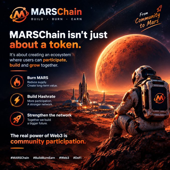 A MARSChain promotional graphic with the tagline 'From Community to Mars,' depicting an astronaut overlooking a Martian colony with calls to 'Burn MARS,' 'Build Hashrate,' and 'Strengthen the network.'