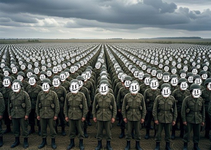 A digitally altered image of a massive army of soldiers in green uniforms and helmets standing in formation on a field, with their faces replaced by smiley face icons.