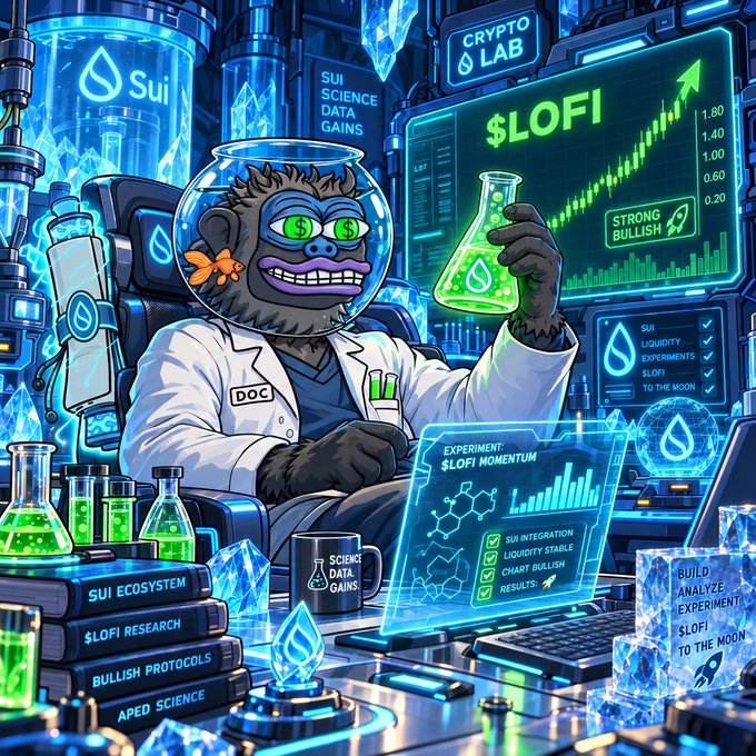 A digital illustration depicts a gorilla scientist wearing goggles and a lab coat in a 'Crypto Lab' examining green liquid, with charts showing '$LOFI' with a 'STRONG BULLISH' trend and references to the Sui blockchain ecosystem.