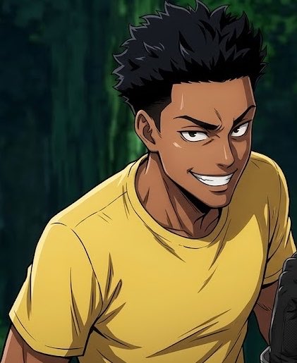 An anime-style illustration of a smiling young man with spiky black hair wearing a yellow t-shirt against a dark green background.