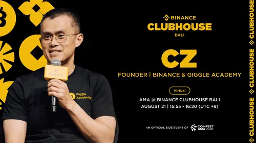 Promotional graphic for 'BINANCE CLUBHOUSE BALI' featuring CZ (Founder of Binance & Giggle Academy) holding a microphone, scheduled for August 21, 15:55-16:20 (UTC+8) as a virtual AMA and side event of Coinfest Asia 2025.