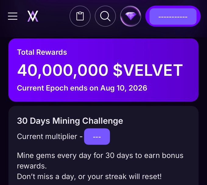 The image shows a Velvet Capital dashboard displaying 40,000,000 $VELVET in total rewards with the current epoch ending on August 10, 2026, along with a "30 Days Mining Challenge" section highlighting the need to mine gems daily to maintain streaks and earn bonus rewards.

This visual reinforces the post's urgency about the limited time remaining for the Velvet Capital airdrop, encouraging users to engage with the platform's mining challenge before the epoch ends.