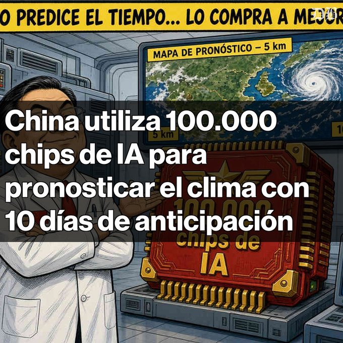 A cartoon depicting China using AI chips for weather forecasting, with the caption "China utiliza 100.000 chips de IA para pronosticar el clima con 10 días de anticipación" (China uses 100,000 AI chips to forecast the weather 10 days in advance).