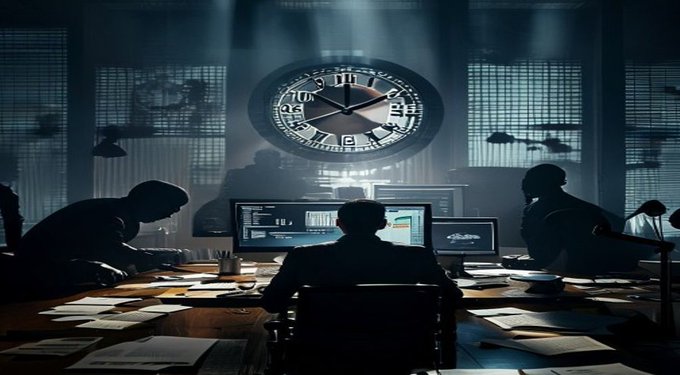 Atmospheric scene of people working at computers in a dimly lit room with a large ornate clock on the wall, creating a surveillance or trading floor aesthetic with dramatic lighting.