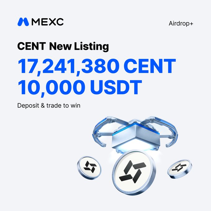 MEXC promotes its new $CENT listing with an Airdrop+ campaign featuring a prize pool of 17,241,380 CENT and 10,000 USDT, inviting users to deposit and trade to participate.
