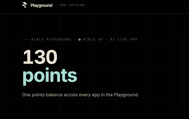 A screenshot from the Playground App Catalog showing a points balance of '130 points' for 'RIALO PLAYGROUND • RIALO UP • 01 LIVE APP' with the description 'One points balance across every app in the Playground.'