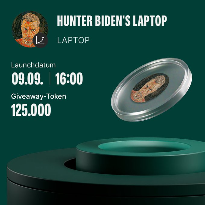 The image shows a Bitpanda Spotlight promotional graphic for the "Hunter Biden's Laptop ($LAPTOP)" memecoin, featuring a launch date of 09.09 at 16:00 and a giveaway token amount of 125,000, displayed against a dark green background with a stylized token/coin graphic. The graphic aligns with the post's announcement of the token's launch, highlighting its unique real-event-driven mechanism and the accompanying giveaway promotion.
