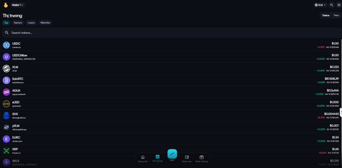 A dark-themed wallet interface called 'Wallet 1' shows a list of tokens in the 'TH Trading' tab, including USDC, SOL, KIM, and SOLFI with their respective balances.